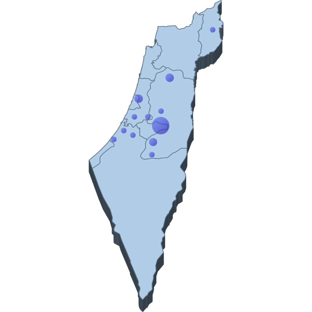 מפת מדינת ישראל עם סימון פרויקטים וערים לפי היקף פעילות